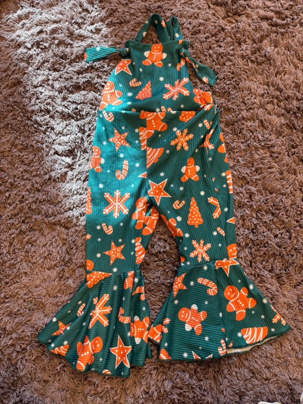 Green Holiday Gingerbread Ruffle Overalls